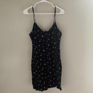 Black Floral Linen Slit Mini Dress w/ Adjustable Straps